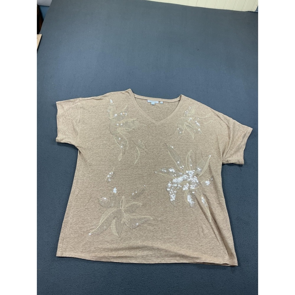 Chico's Shirt Womens Large Beige Linen Embroidered Sequin Floral V-Neck‎ Top